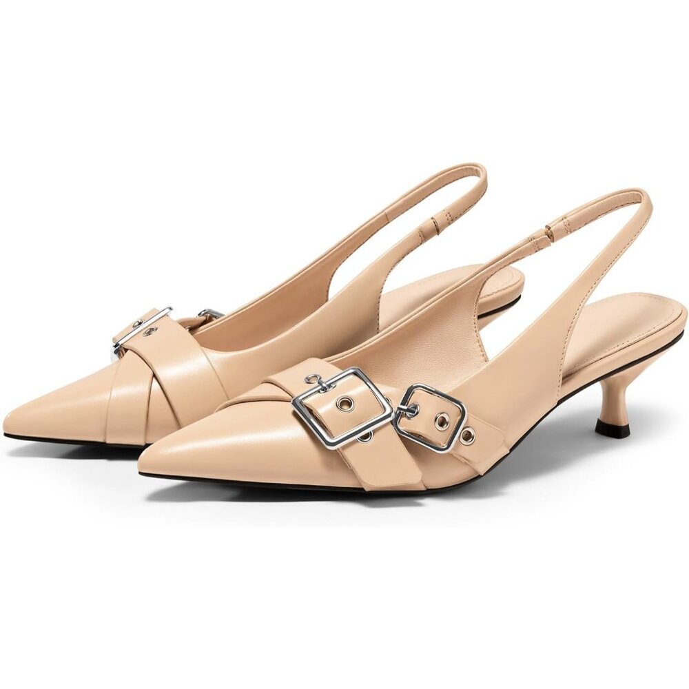 Coutgo Women's Khaki Slingback Closed Pointed Toe Studded Buckle Strap High Heel